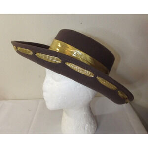 Vtg Bollman Wool Doeskin Felt HAT - Brown Gold Ribbon Wide Kettle Brim USA